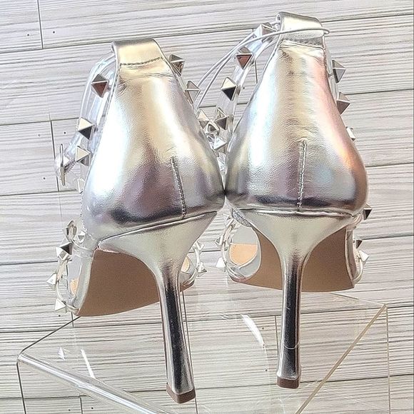 STEVE MADDEN PANOLA HEELS 8.5 SILVER CLEAR STRAPPY SANDALS WEDDING STUD - Picture 3 of 5